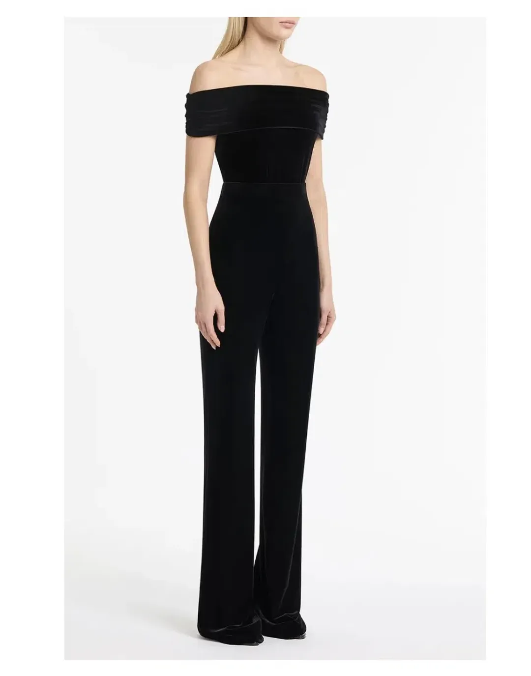 Carla Zampatti Off Shoulder Bodysuit Top and Velvet Pant Black Size 6 for rent on The Volte - main image