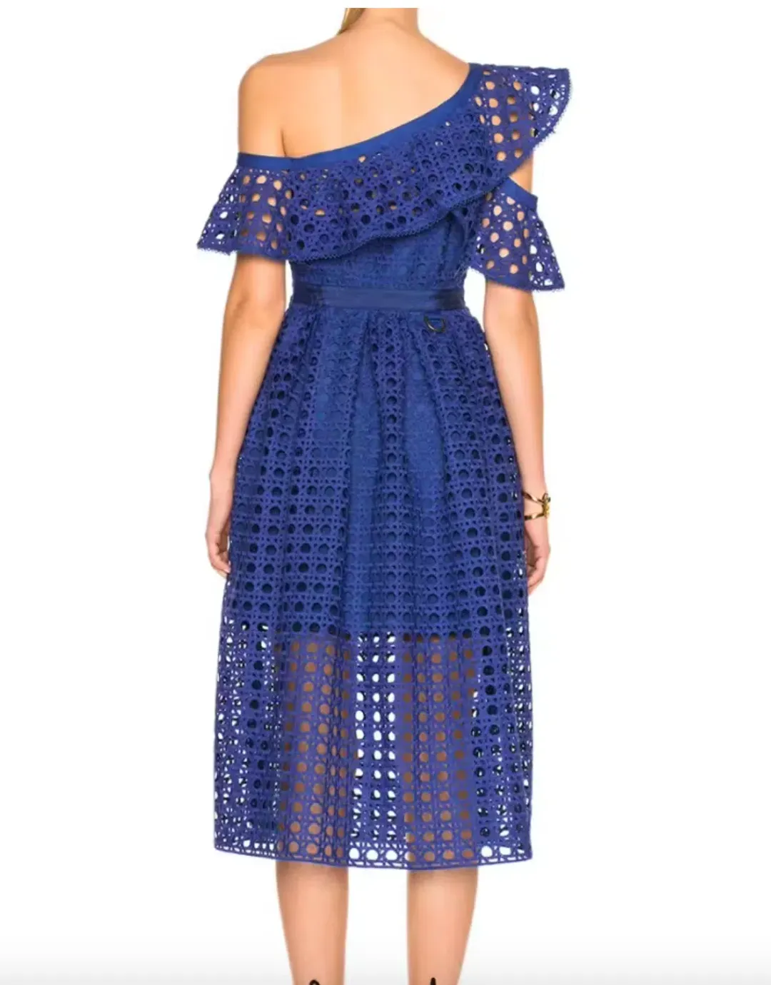 Self Portrait Guipure One Shoulder Lace Dress Cobalt Blue Size 8 for rent on The Volte - main image
