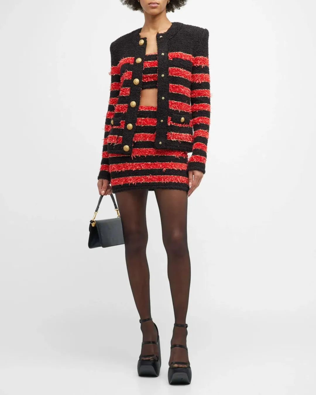 Balmain Collarless 4-Pocket Metallic Striped Tweed Jacket Multi Size 8 for rent on The Volte - main image