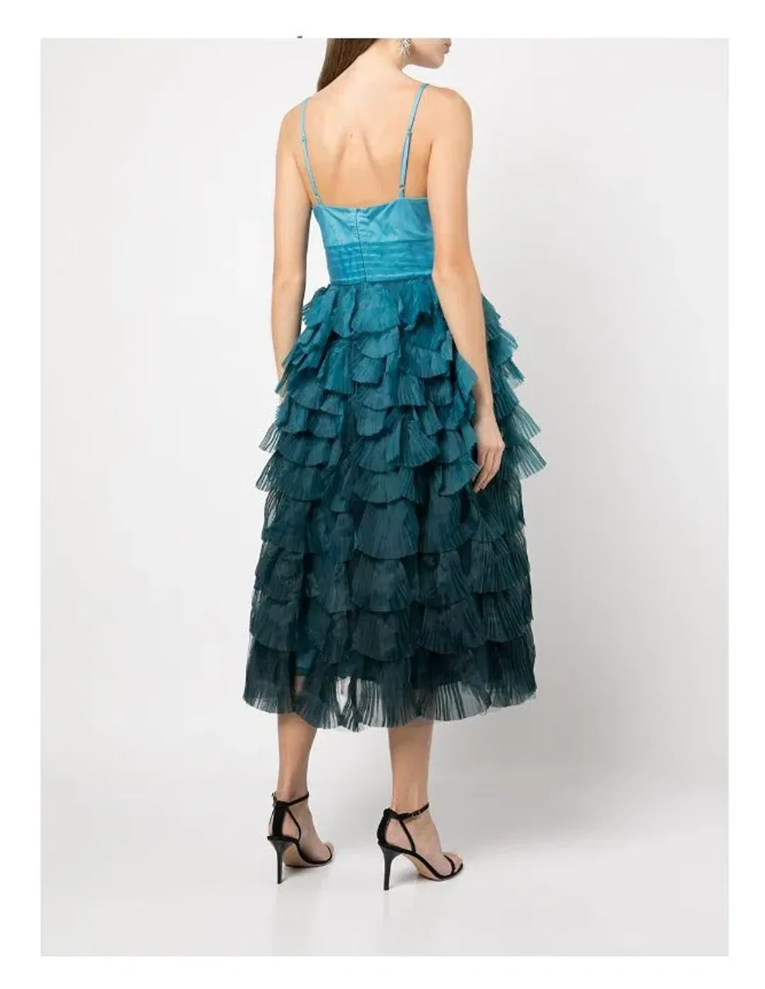 Marchesa Notte Gradient Ruffled Midi Dress Blue Size 8 for rent on The Volte - main image