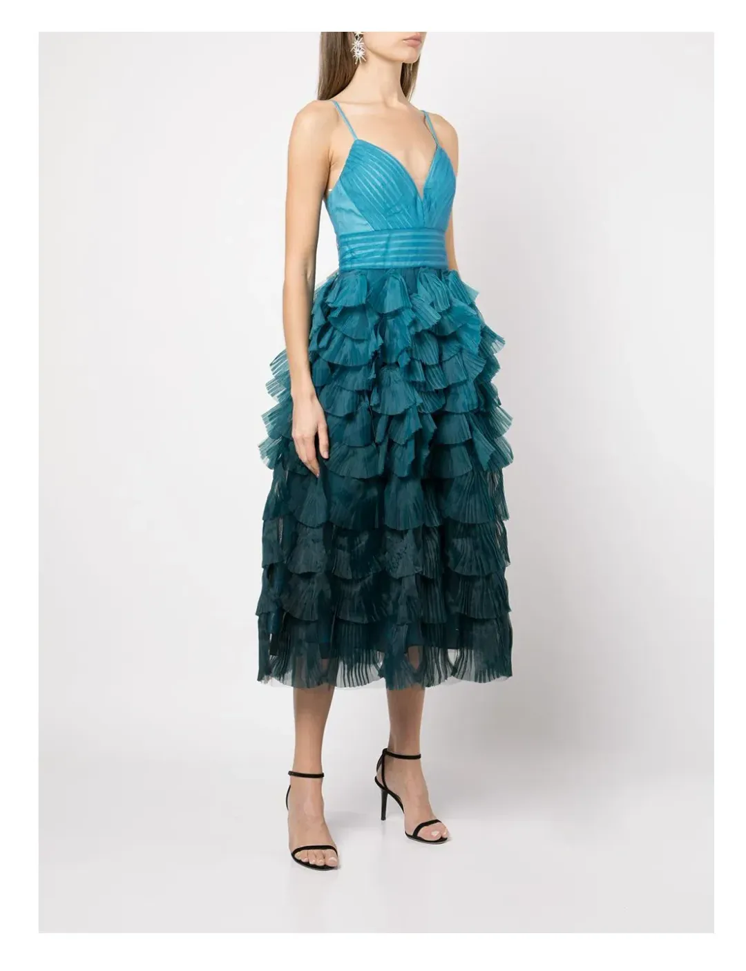 Marchesa Notte Gradient Ruffled Midi Dress Blue Size 8 for rent on The Volte - main image