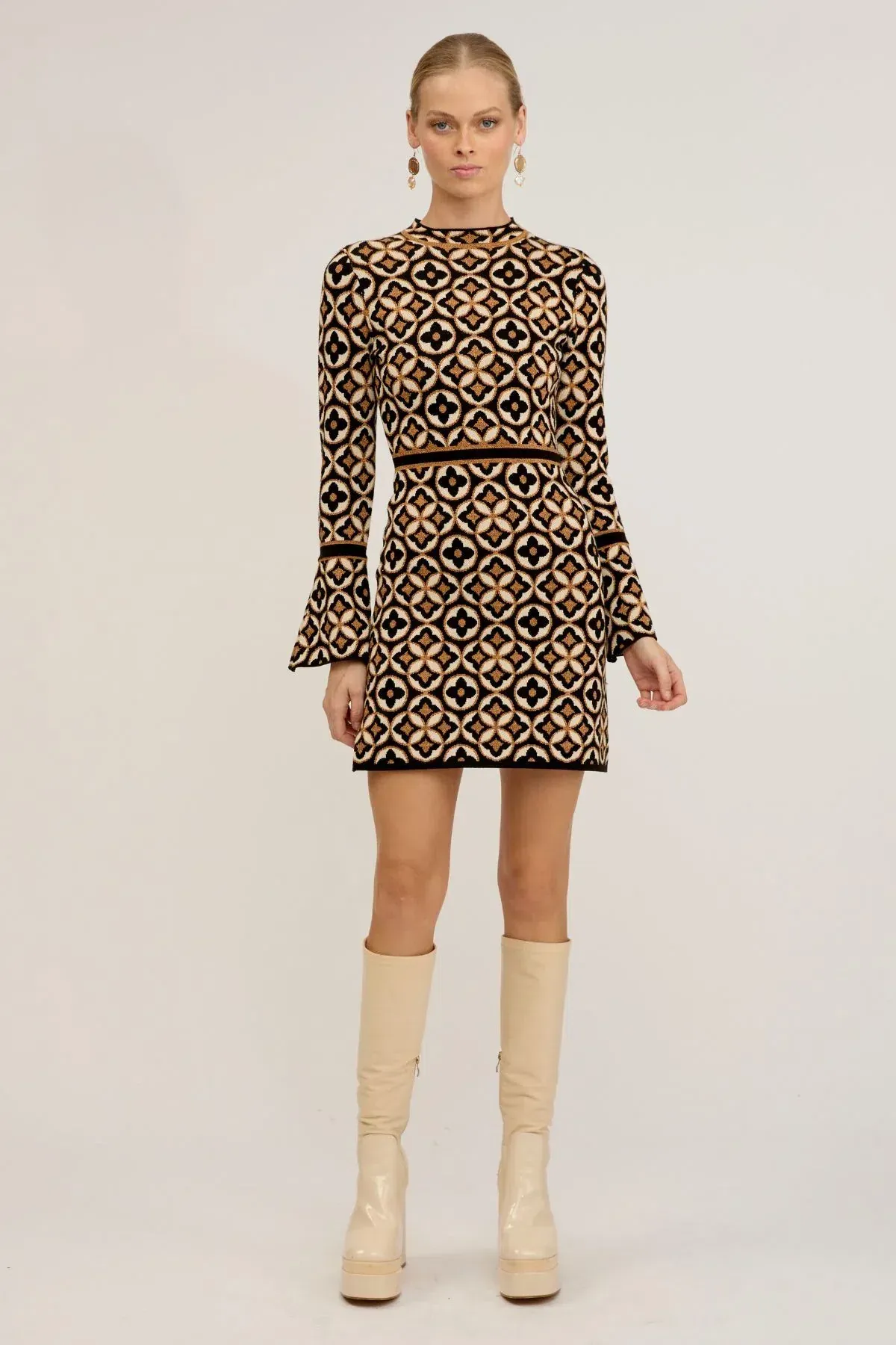 Nine Lives Bazaar Mitzy Knit Dress Deco Mini Gold & Black Size L/XL  / AU 18 for rent on The Volte - main image