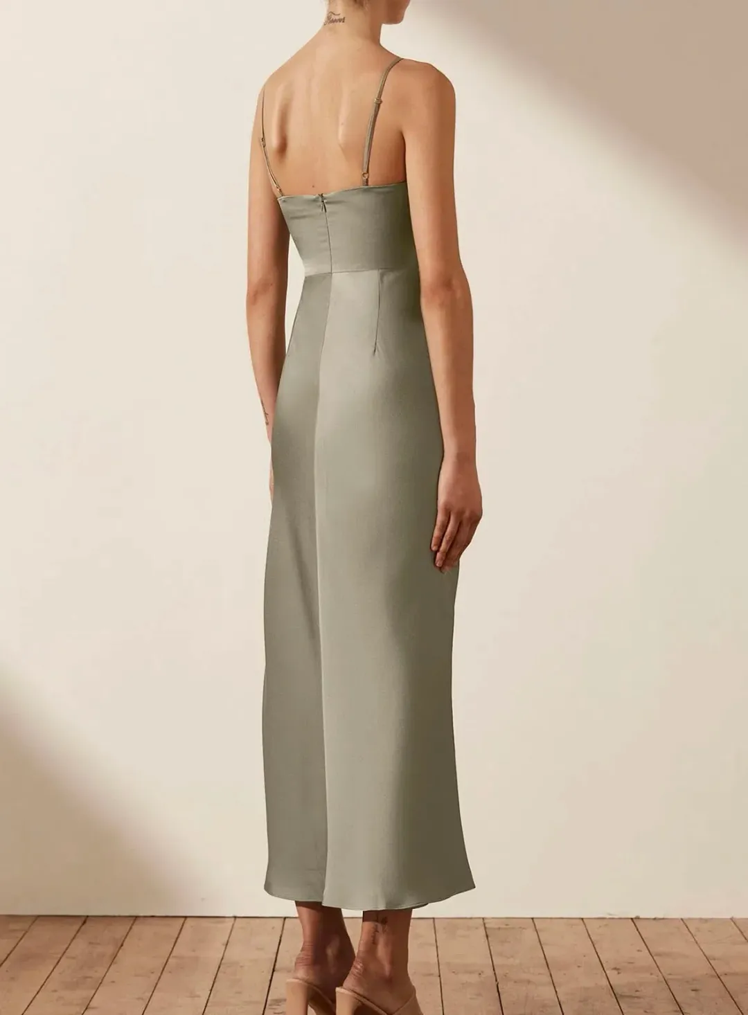 Shona Joy Luxe Twist Front Sleeveless Midi Dress Eucalyptus Size 12 for rent on The Volte - main image