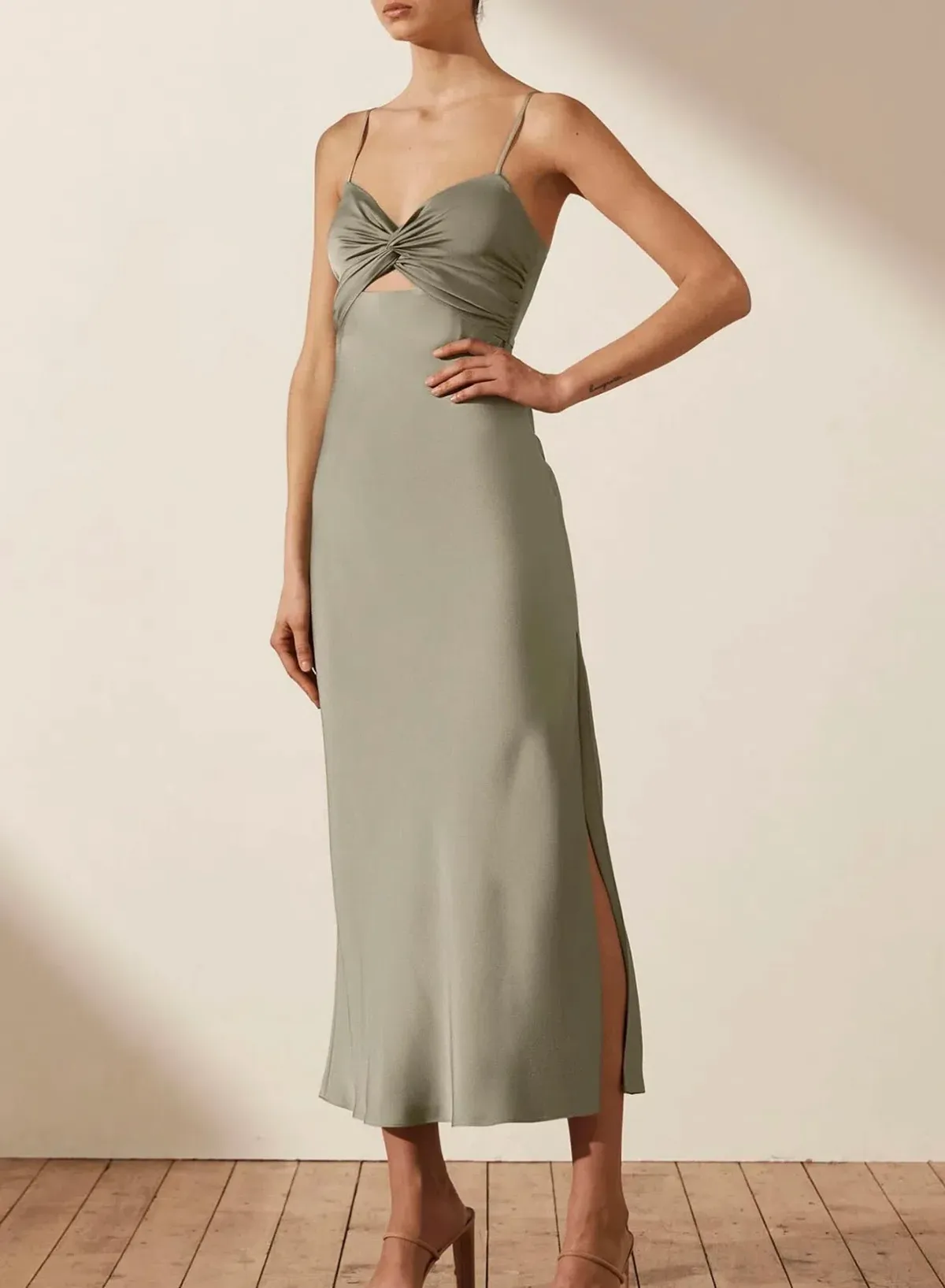 Shona Joy Luxe Twist Front Sleeveless Midi Dress Eucalyptus Size 12 - Image 4