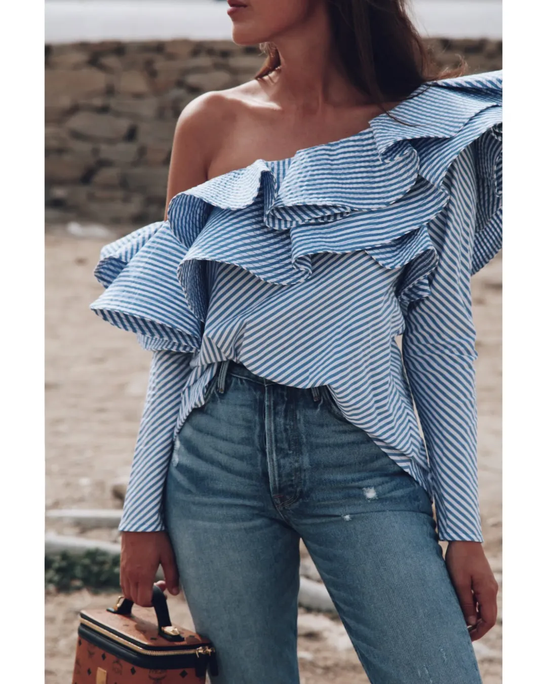 Johanna Ortiz Anastasia One Shoulder Top in Blue Stripe Size AU 8 for rent on The Volte - main image