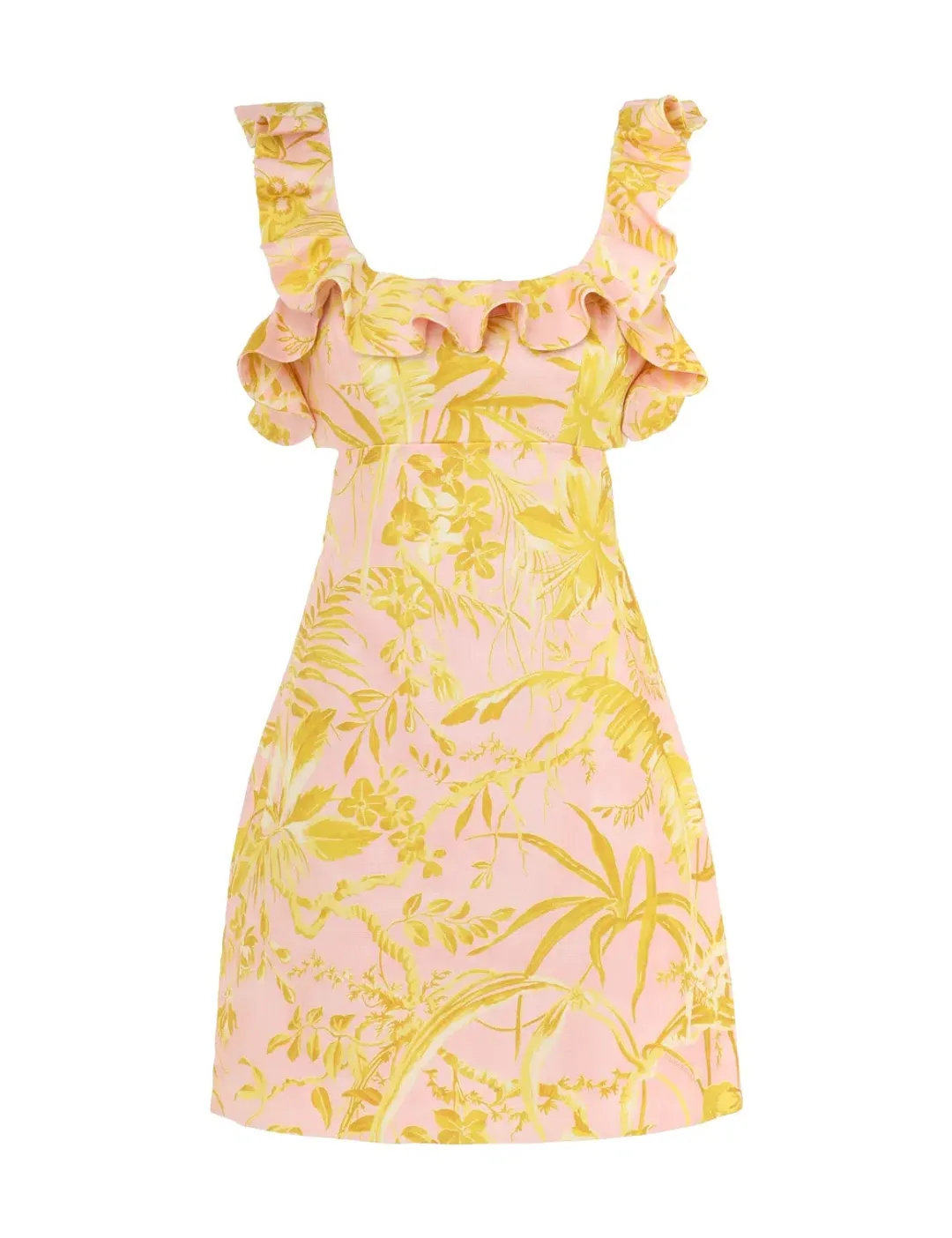Zimmermann Golden Ruffle Mini Dress in Pink/Gold Floral Size 0 / AU 8 for rent on The Volte - main image