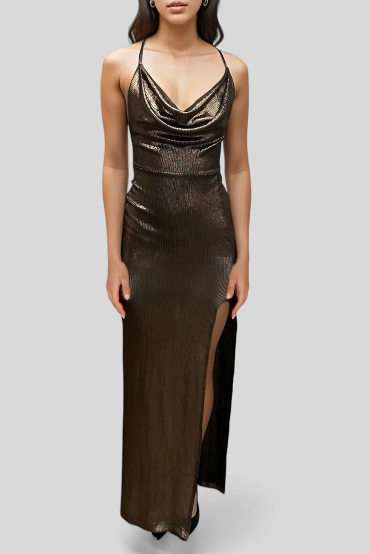 Nookie Metallic Cowl Neck Gown Brown Size 8 - Image 1