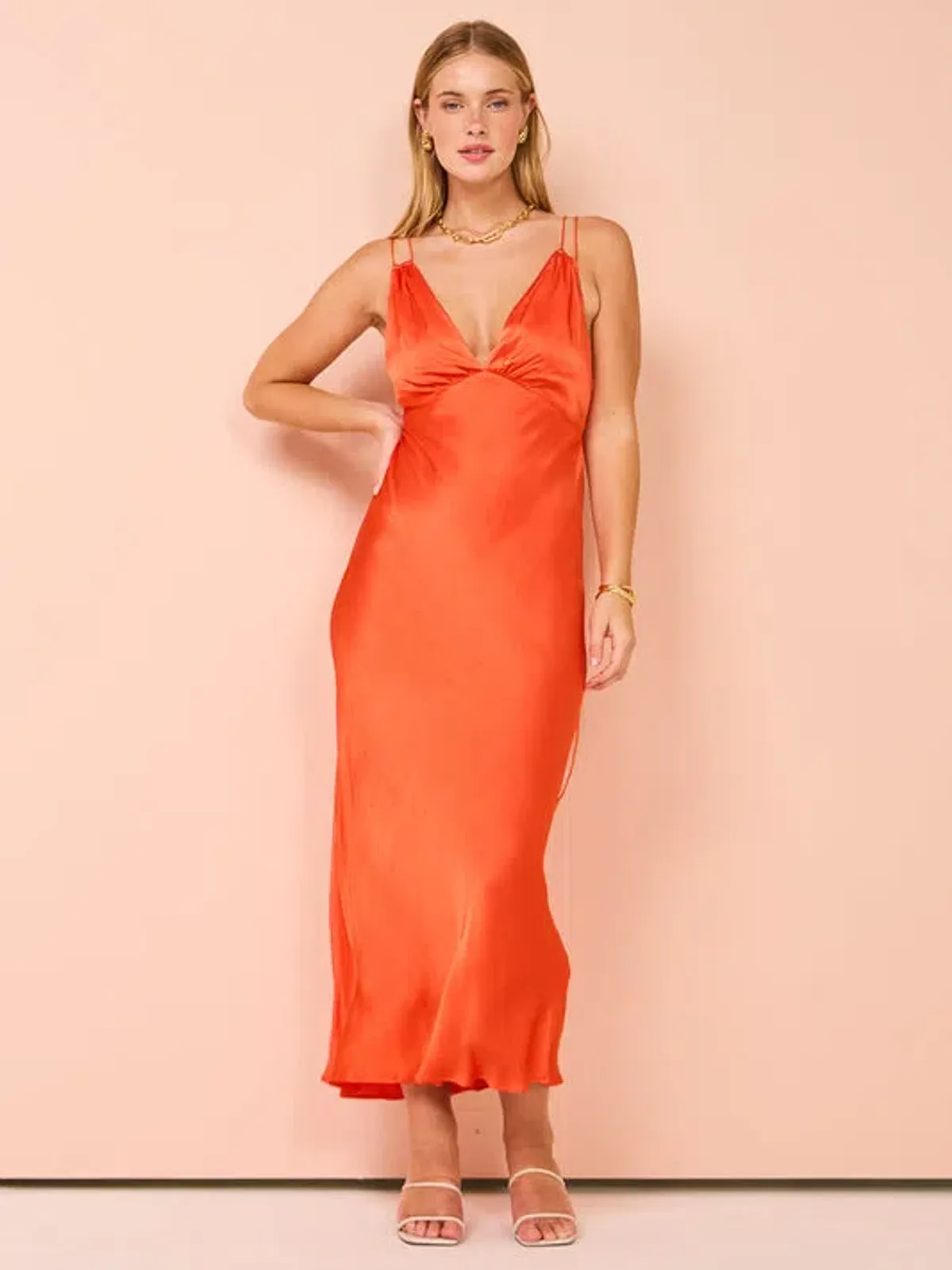 Shona Joy Mia Contrast Plunged Double Strap Midi Dress In Hibiscus Size 6  - Image 1