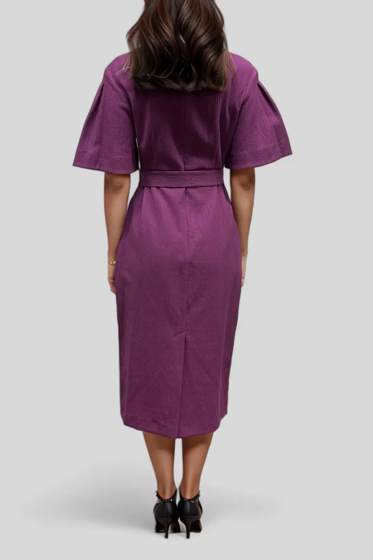 Veronika Maine Crinkle Cotton Belted Midi Dress in Plum Size 10 - Image 3