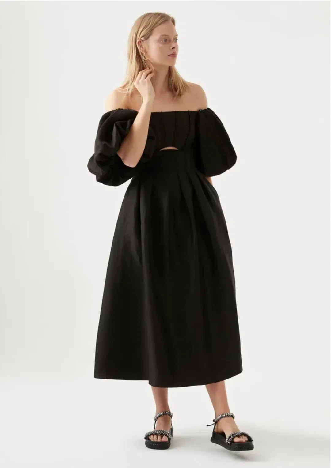 Aje Eugenie Off Shoulder Midi Dress Black Size 12 for rent on The Volte - main image