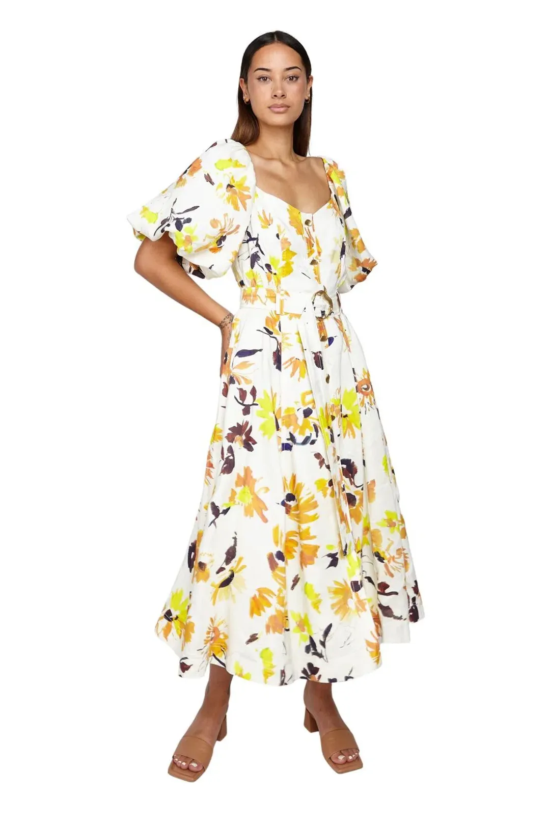 Aje Soleil Belted Midi Dress Pressed Sunflowers Size L / AU 12 for rent on The Volte - main image
