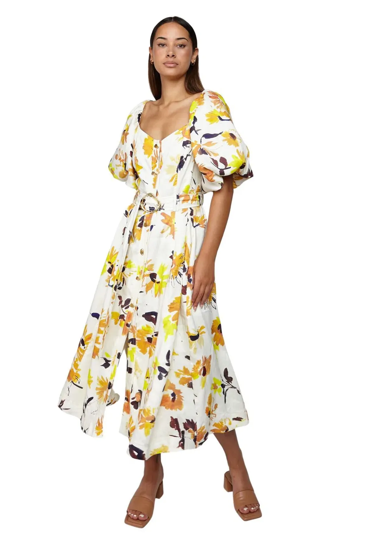 Aje Soleil Belted Midi Dress Pressed Sunflowers Size L / AU 12 - Image 4