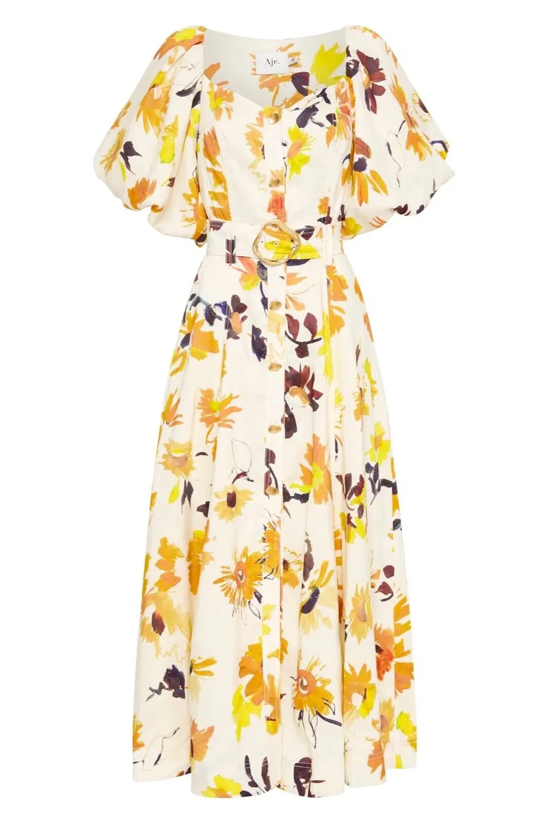 Aje Soleil Belted Midi Dress Pressed Sunflowers Size L / AU 12 for rent on The Volte - main image