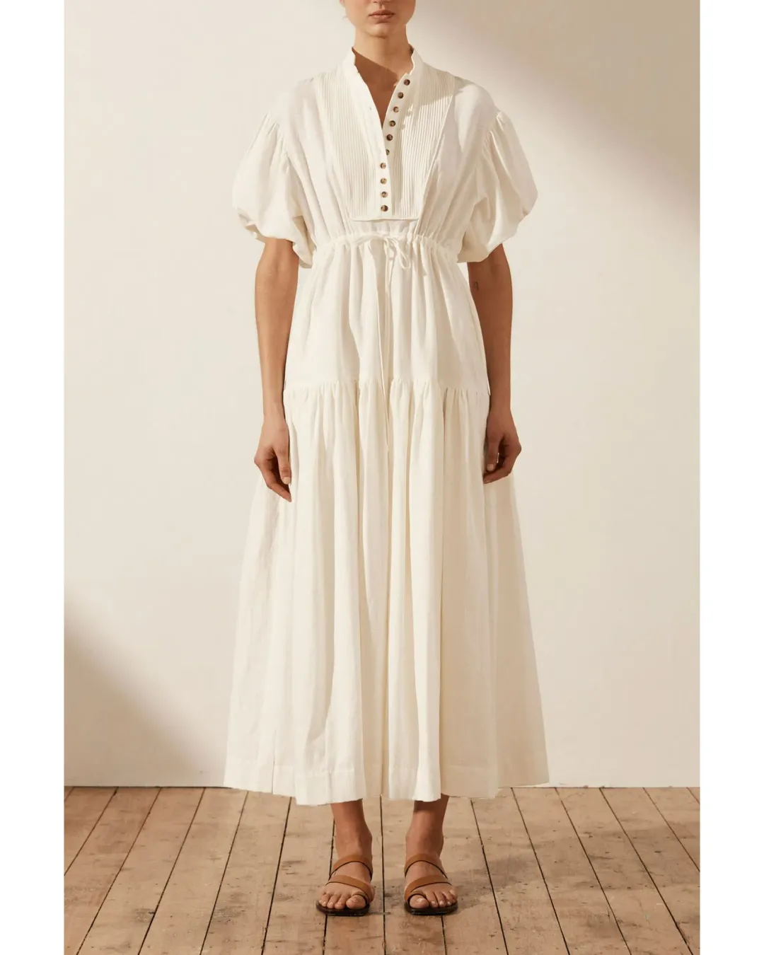 Shona Joy Priscilla Pin Tuck Short Sleeve Midi Dress White Size AU 6 for rent on The Volte - main image