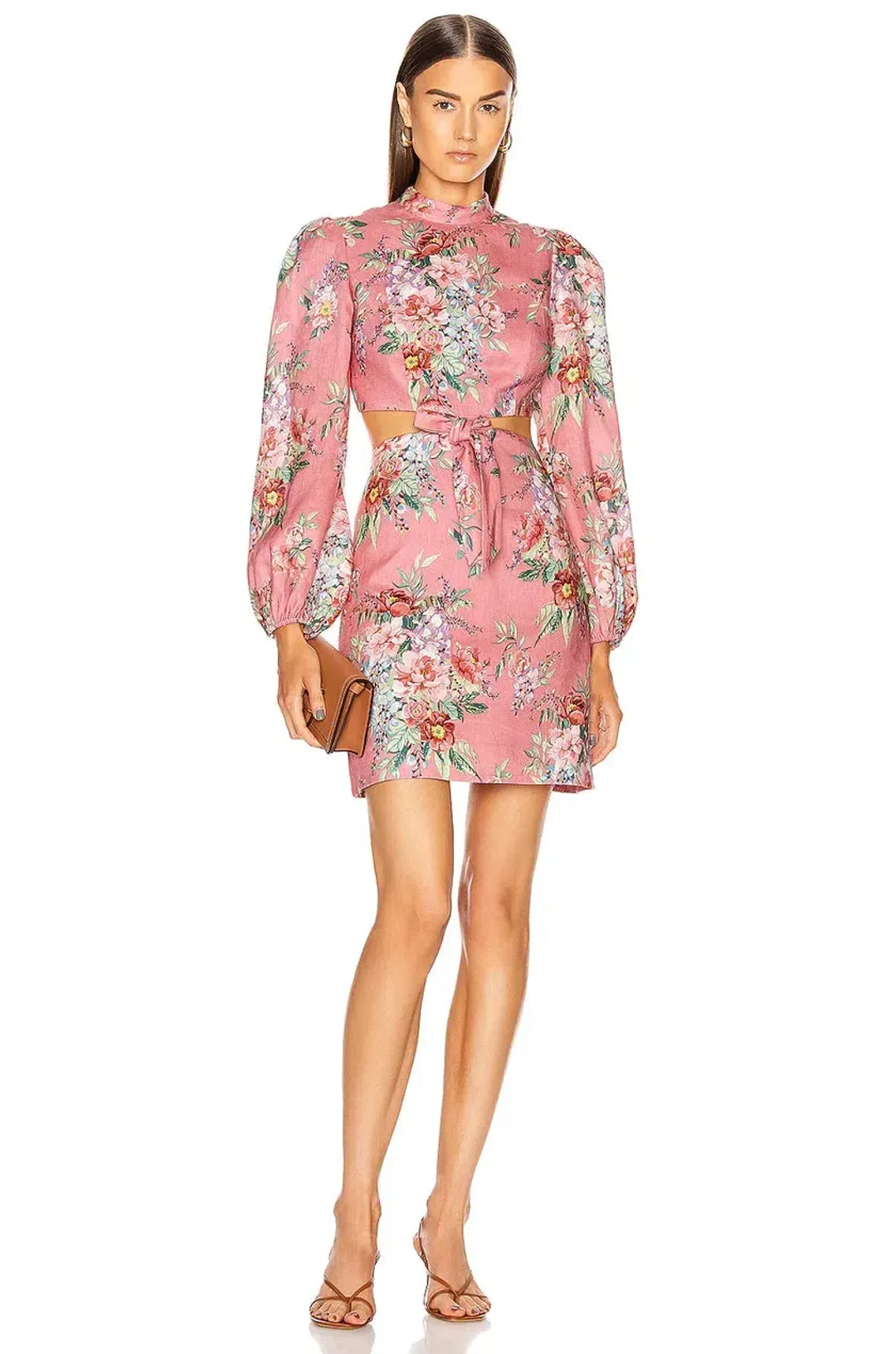 Zimmermann Bellitude Cutout Bow Front Floral Linen Mini Dress Pink Size 0 / 8 AU  for rent on The Volte - main image
