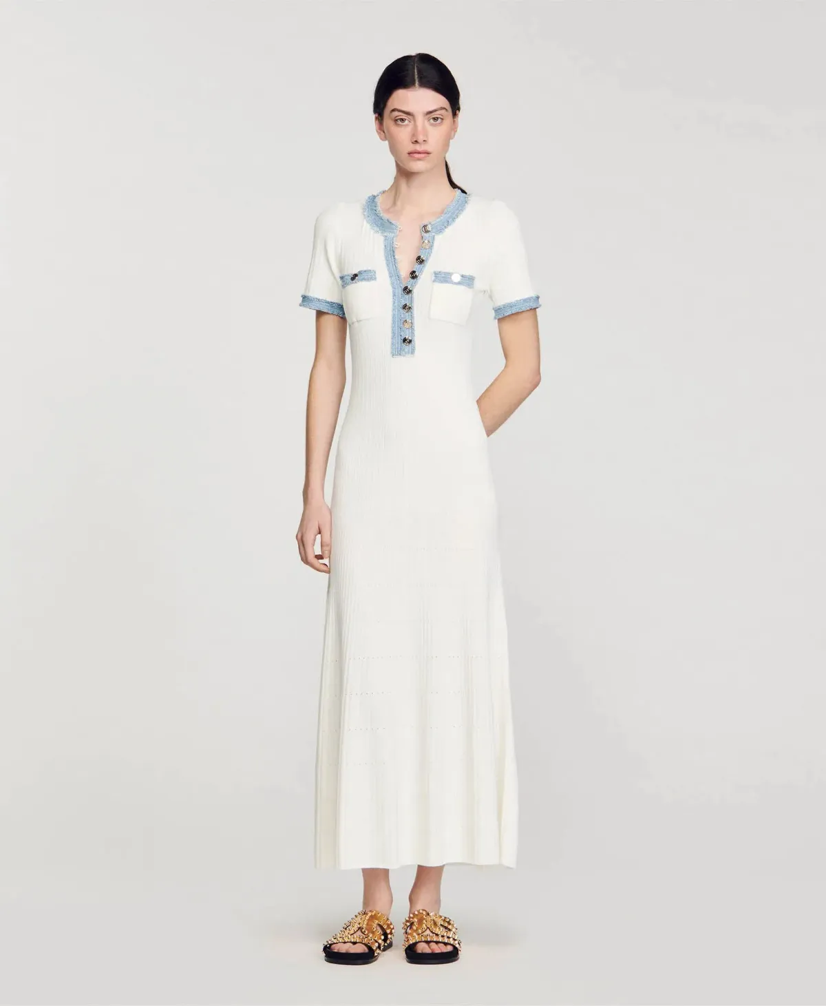 Sandro Knit and Denim Midi Dress White Size 8 - Image 1