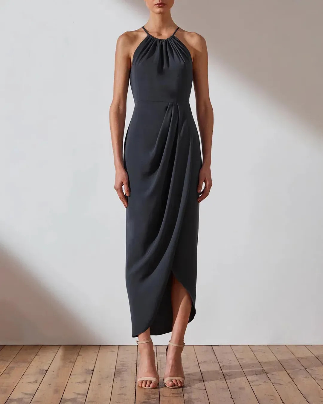 Shona Joy Core High Neck Ruched Dress in Charcoal Size AU 16 for rent on The Volte - main image