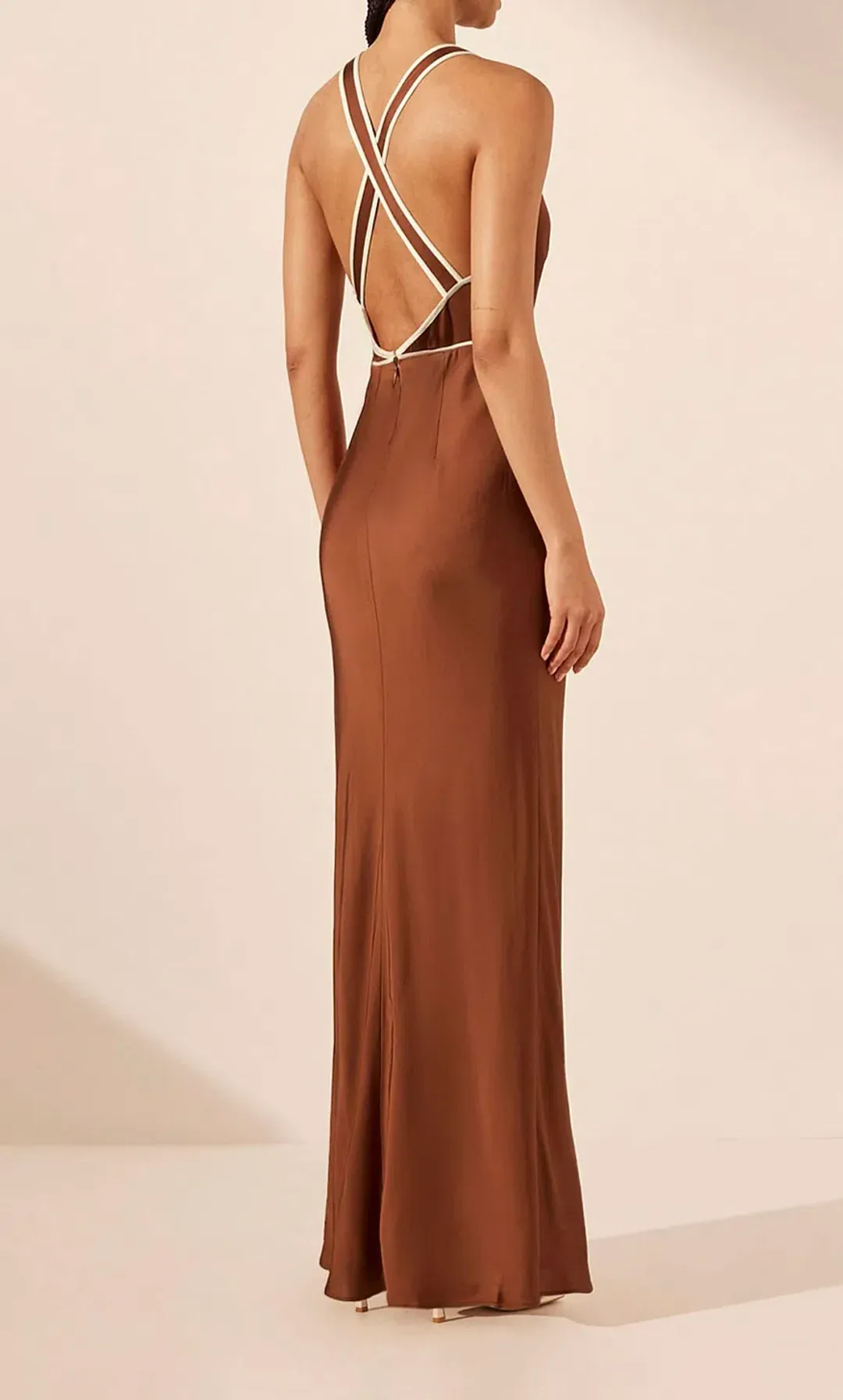 Shona Joy Belkis Contrast Plunged Cross Back Maxi Dress Chocolate/Ivory Size S / AU 8 for rent on The Volte - main image