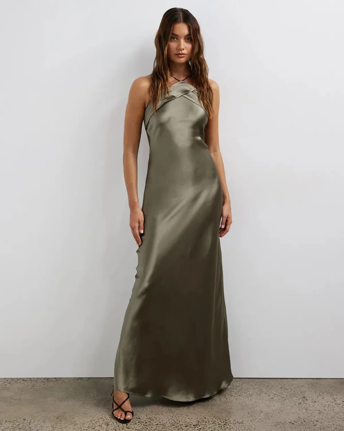 Minima Esenciales Marlo Satin Maxi Dress Olive Green Size 6 - Image 1