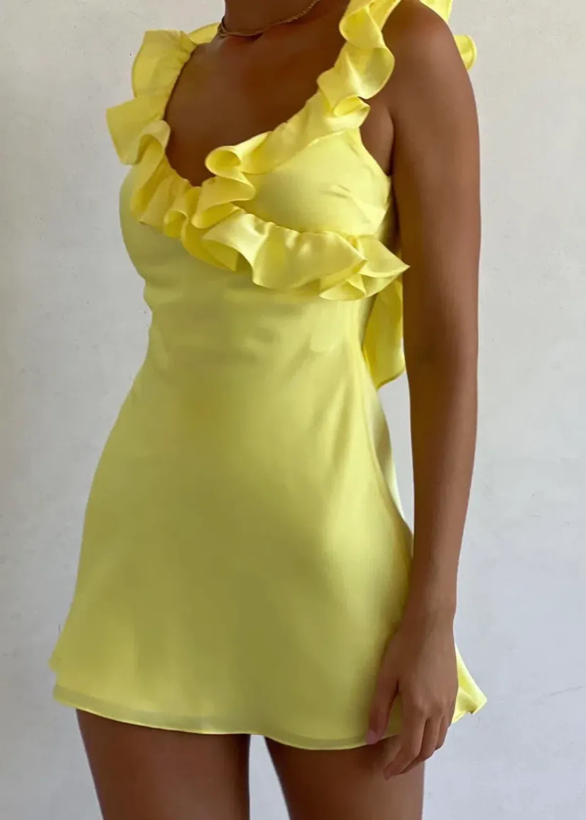 House Of CB Tink Satin Ruffle Mini Dress Buttercup Yellow Size M / AU 10 - Image 2