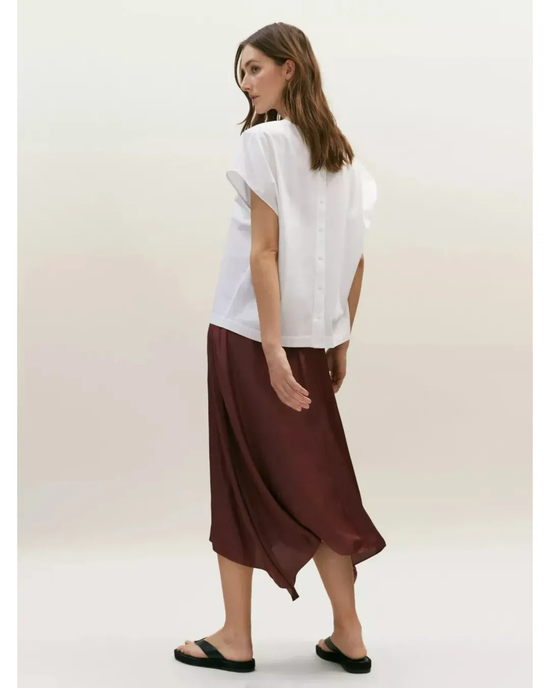Massimo Dutti "Flowing Asymmetric" Midi Skirt Burgundy Size AU 6 for rent on The Volte - main image