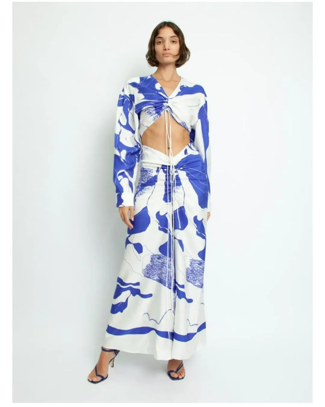 Christopher Esber Ruched Disconnect Dress Blue/White Size AU 8 for rent on The Volte - main image