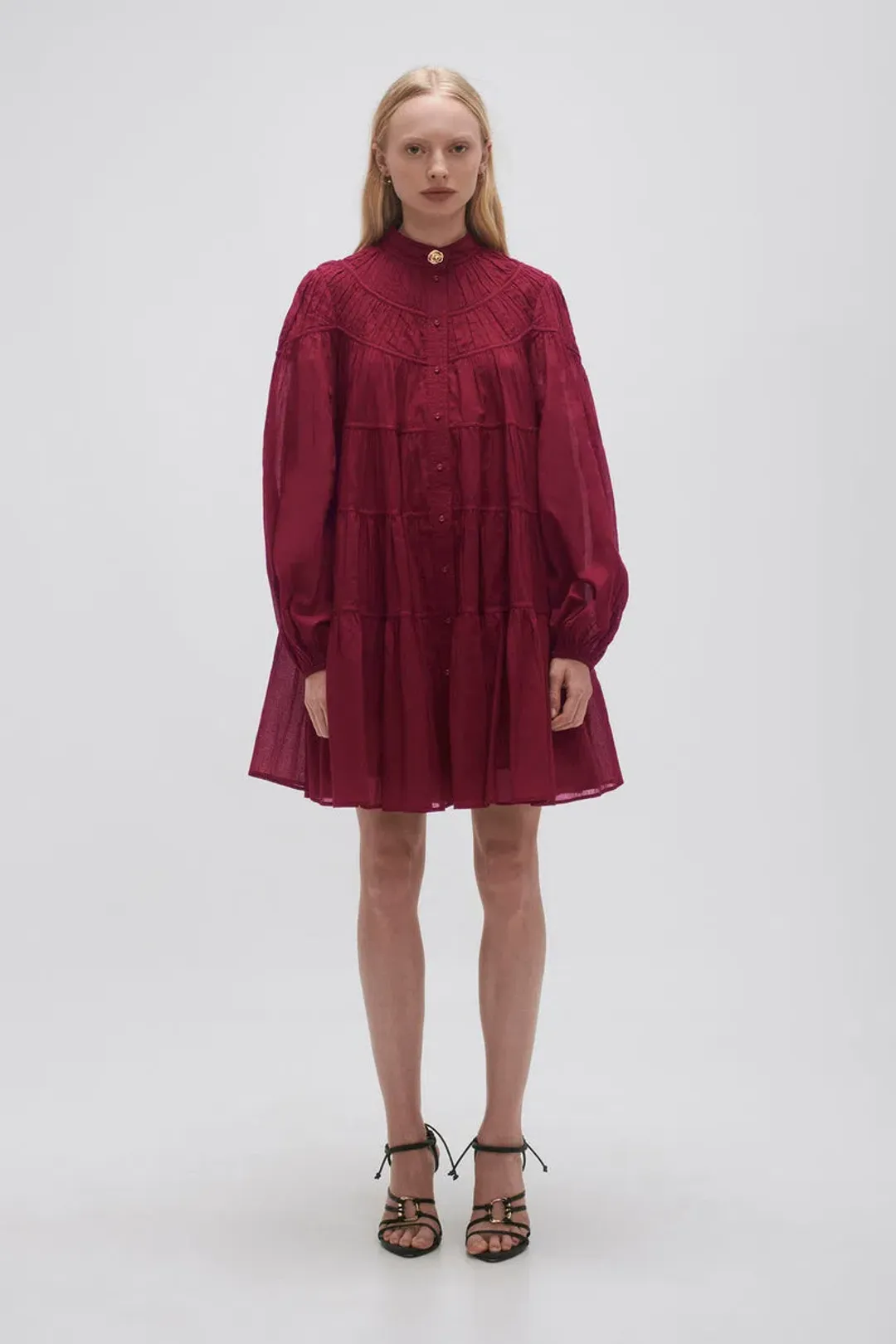 Aje Erika Ruched Tiered Mini Dress Mahogony Red Size 10 for rent on The Volte - main image