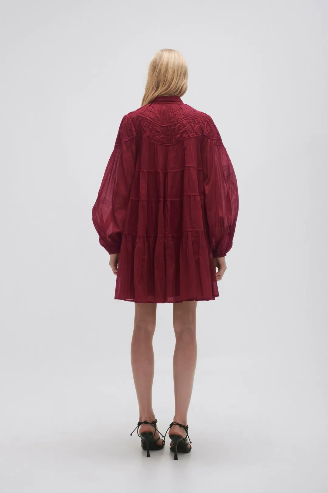 Aje Erika Ruched Tiered Mini Dress Mahogony Red Size 10 for rent on The Volte - main image