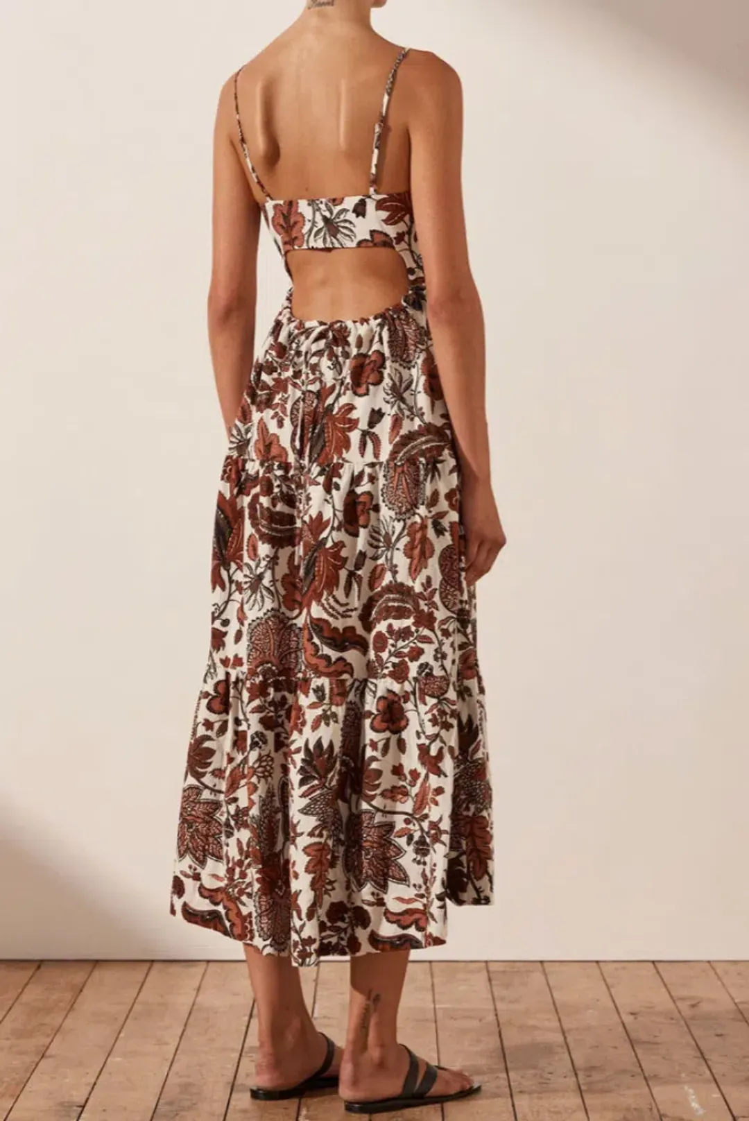 Shona Joy Catalina Lace Up Backless Midi Dress Print Size 8 for rent on The Volte - main image