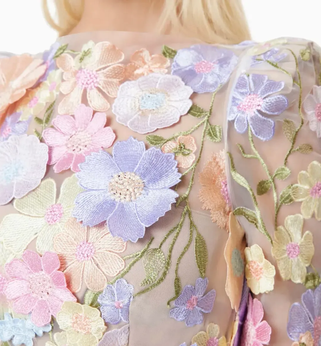 Elliatt Shannon 3D Floral Midi Dress In Purple Floral Size M/ AU 10 for rent on The Volte - main image