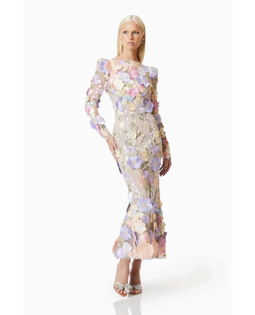 Elliatt Shannon 3D Floral Midi Dress In Purple Floral Size M/ AU 10 for rent on The Volte - main image