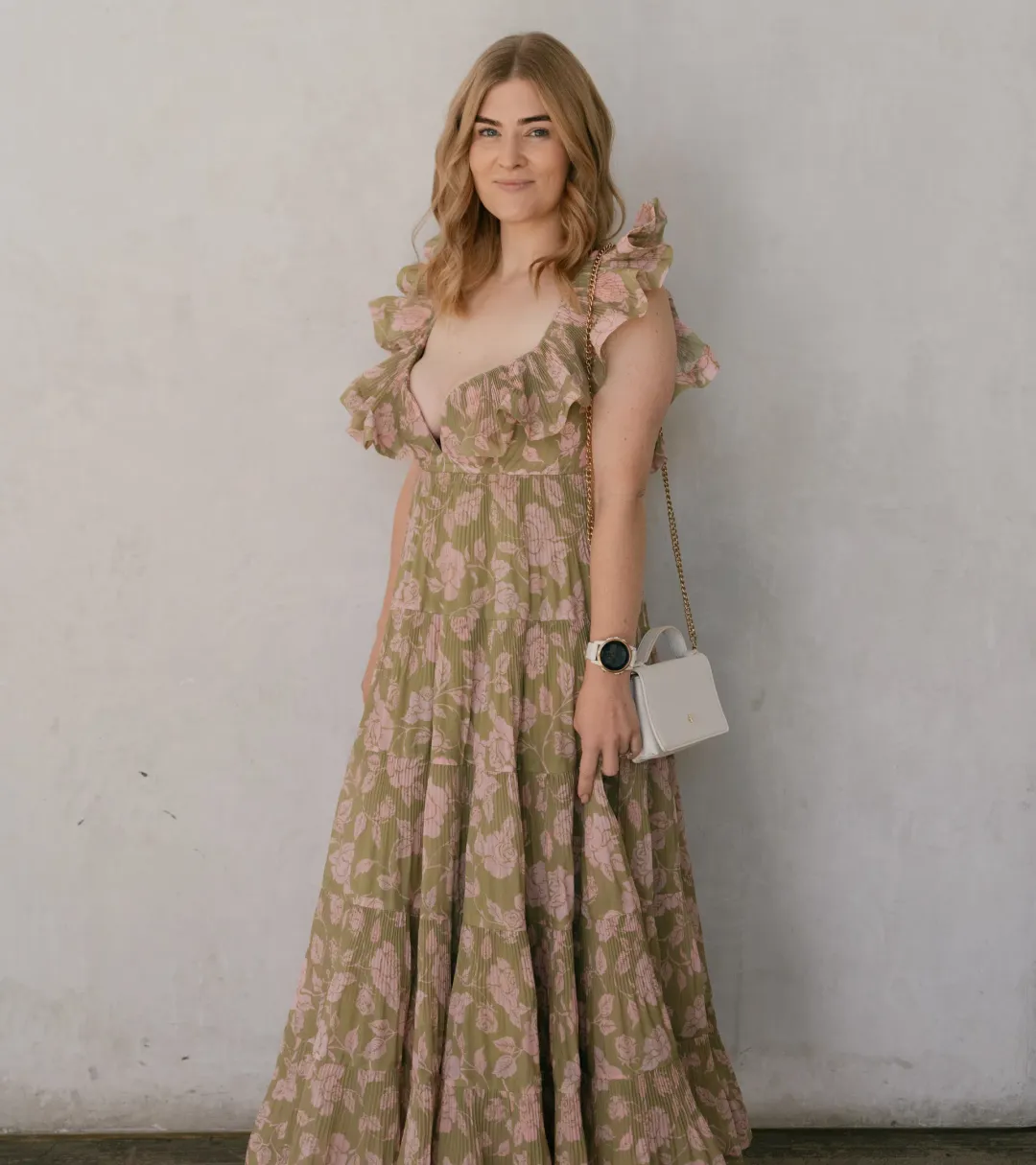 Zimmermann Lovestruck Pleated Gown Olive and Pink Rose Size 3 / AU 10-12 for rent on The Volte - main image