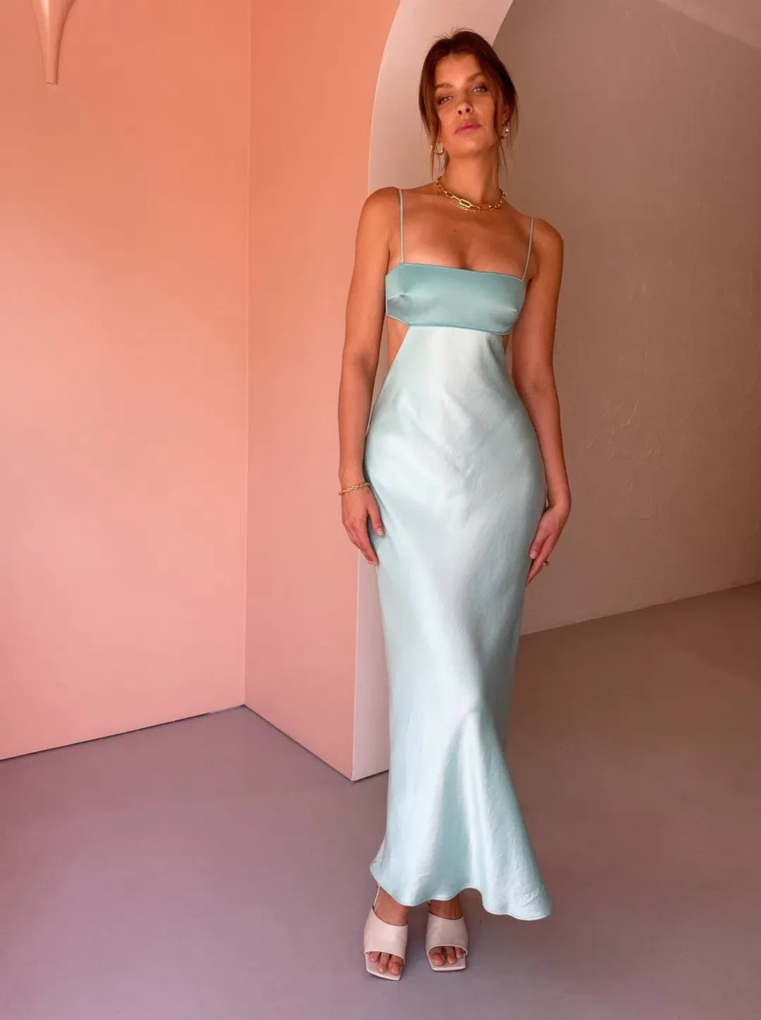 Bec & Bridge Agatha Cut Out Midi Dress in Cool Mint Size 8 for rent on The Volte - main image