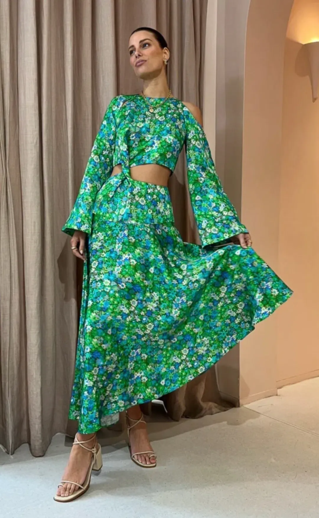 Alemais Cassandra Cut Out Midi Dress Turquoise Floral Size 6 for rent on The Volte - main image