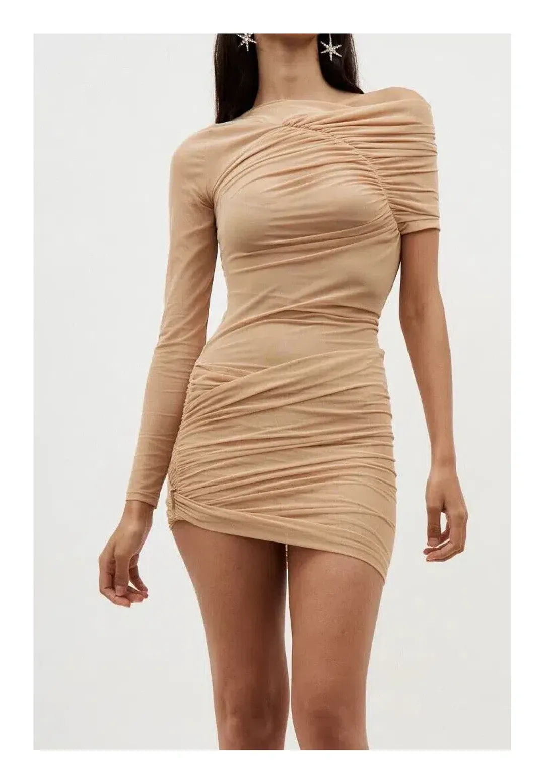 Atlein Off Shoulder One Sleeve Draped Dress Nude Size 8 for rent on The Volte - main image