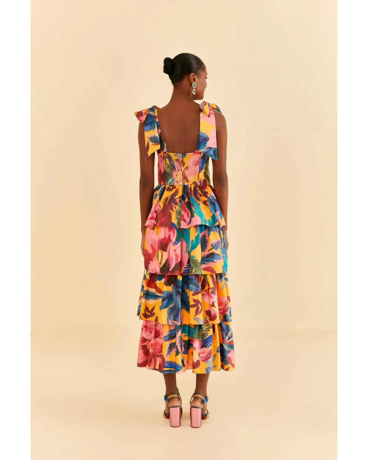 Farm Rio Yellow Painted Flowers Tiered Midi Dress Print Size Small / AU 8 - Image 4