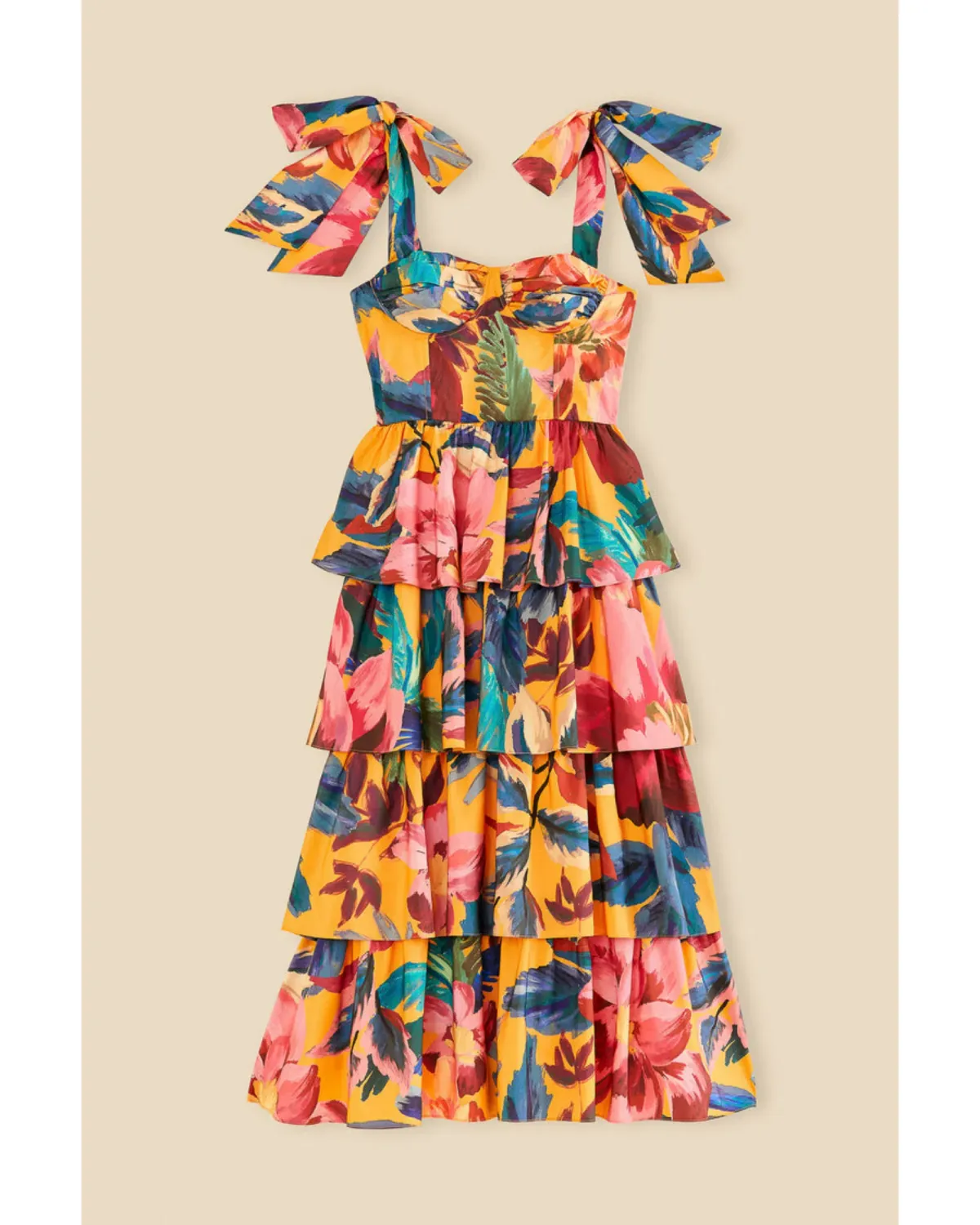 Farm Rio Yellow Painted Flowers Tiered Midi Dress Print Size Small / AU 8 - Image 6