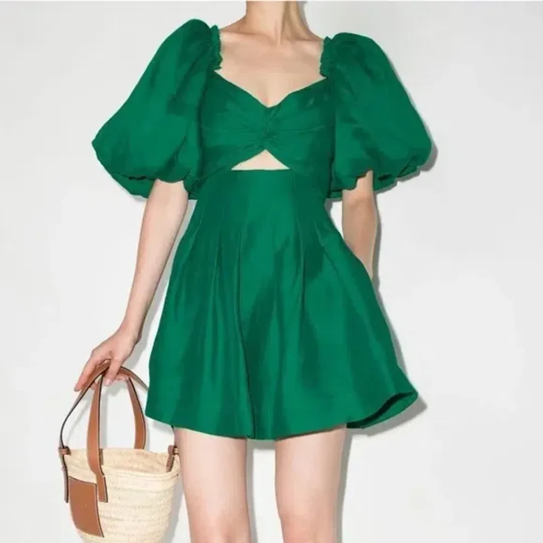 Aje Dusk Knot Puff Sleeve Mini Dress Emerald Green Size 6 for rent on The Volte - main image