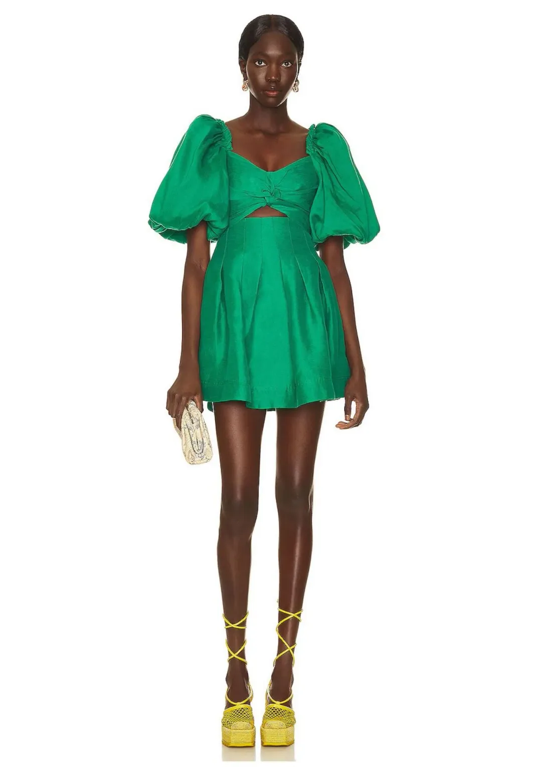 Aje Dusk Knot Puff Sleeve Mini Dress Emerald Green Size 6 for rent on The Volte - main image