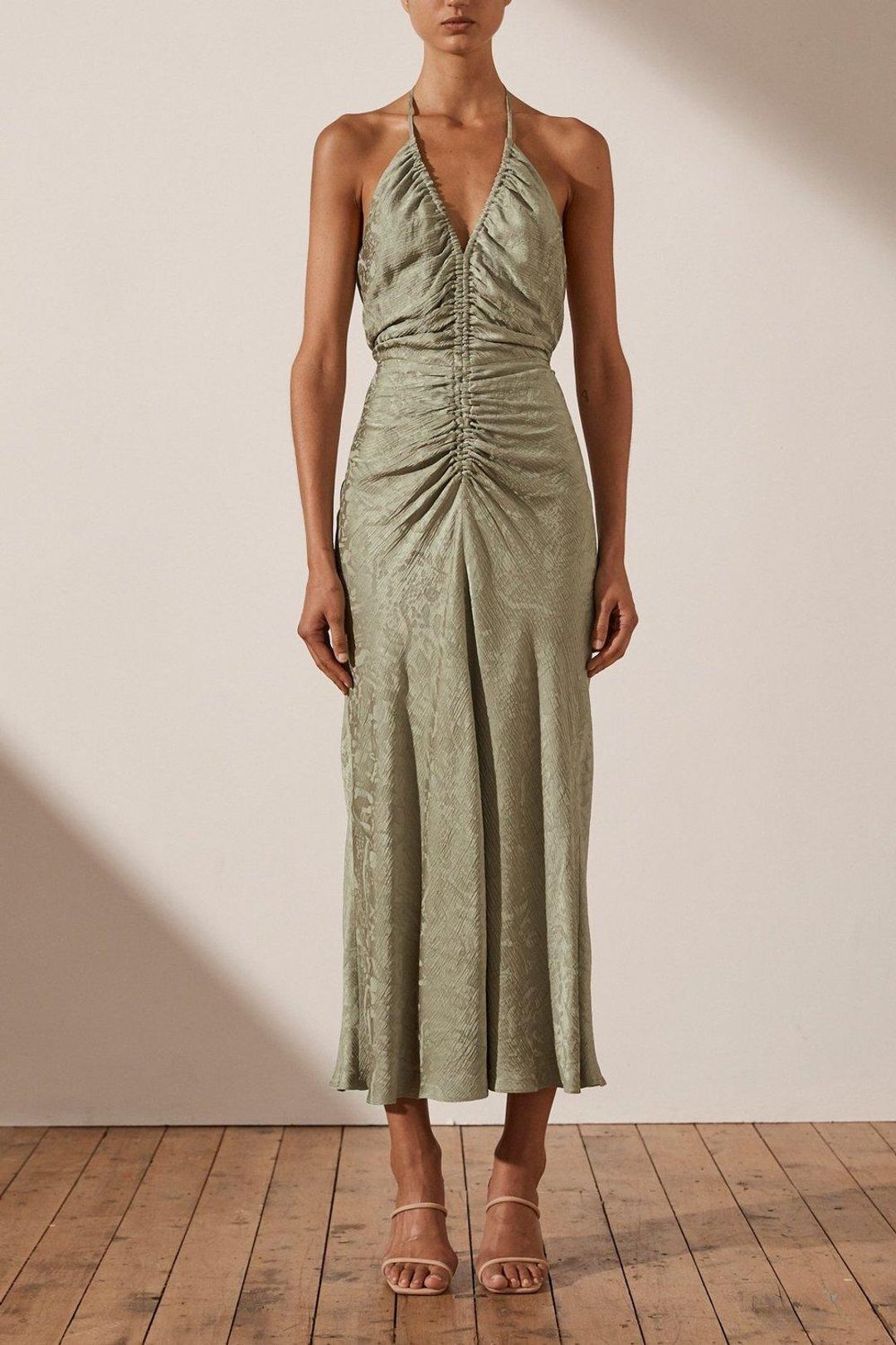 Shona Joy MIA HALTER RUCHED MIDI DRESS IN SAGE 10 for rent on The Volte - main image