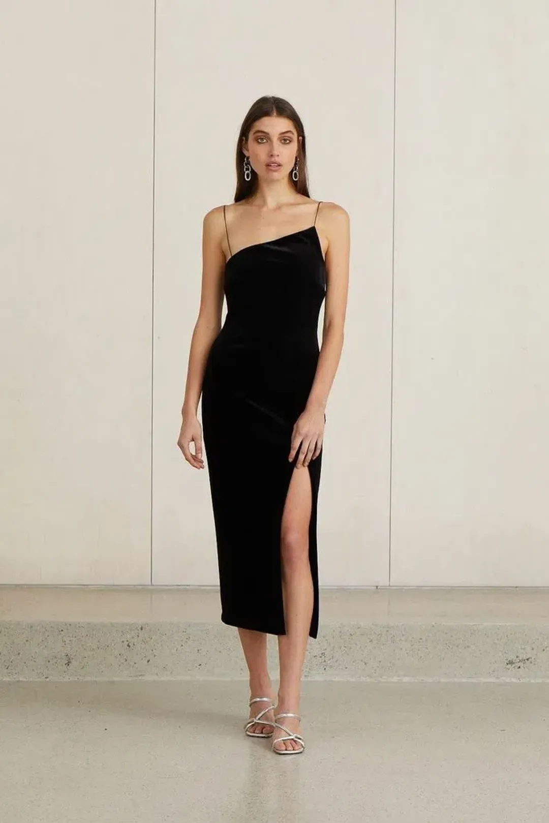 Bec & Bridge Velours Asymmetrical Midi Dress Black Size AU 8 for rent on The Volte - main image