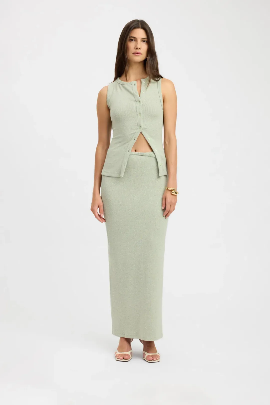 Kookai Bec Button Tank Size 36 and Carter Maxi Skirt Set Size 34 Sage Marle for rent on The Volte - main image