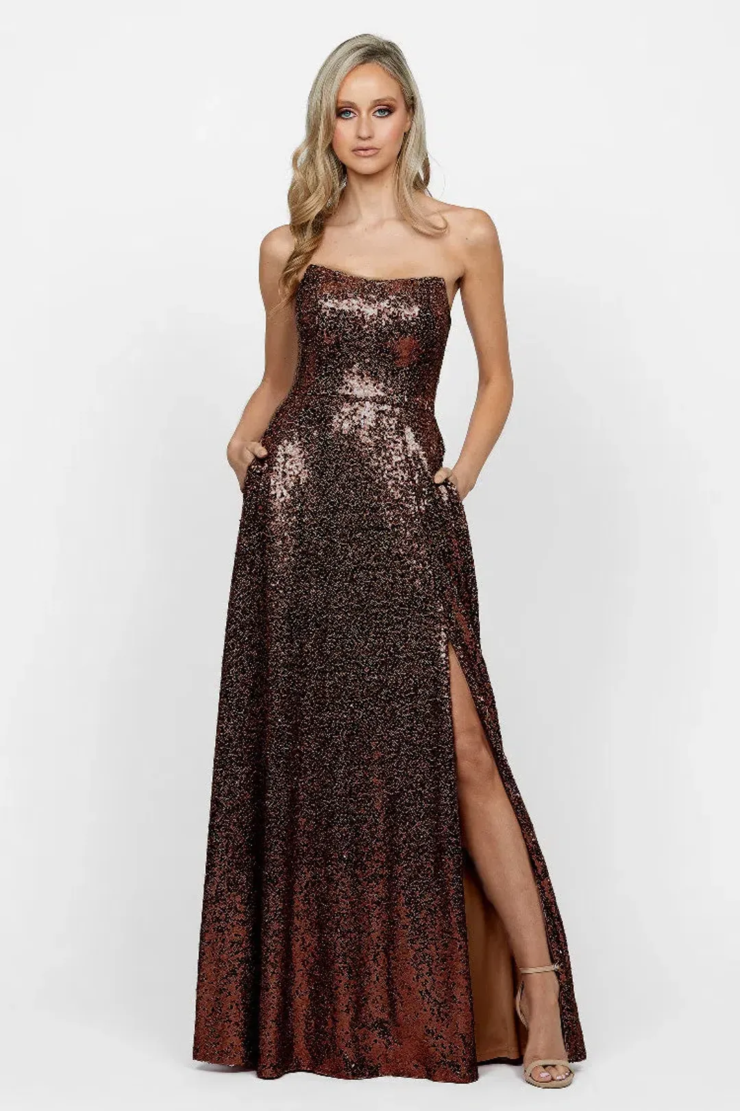  Bariano Miya Strapless Flowy A-line Dress Chocolate Size 10 for rent on The Volte - main image
