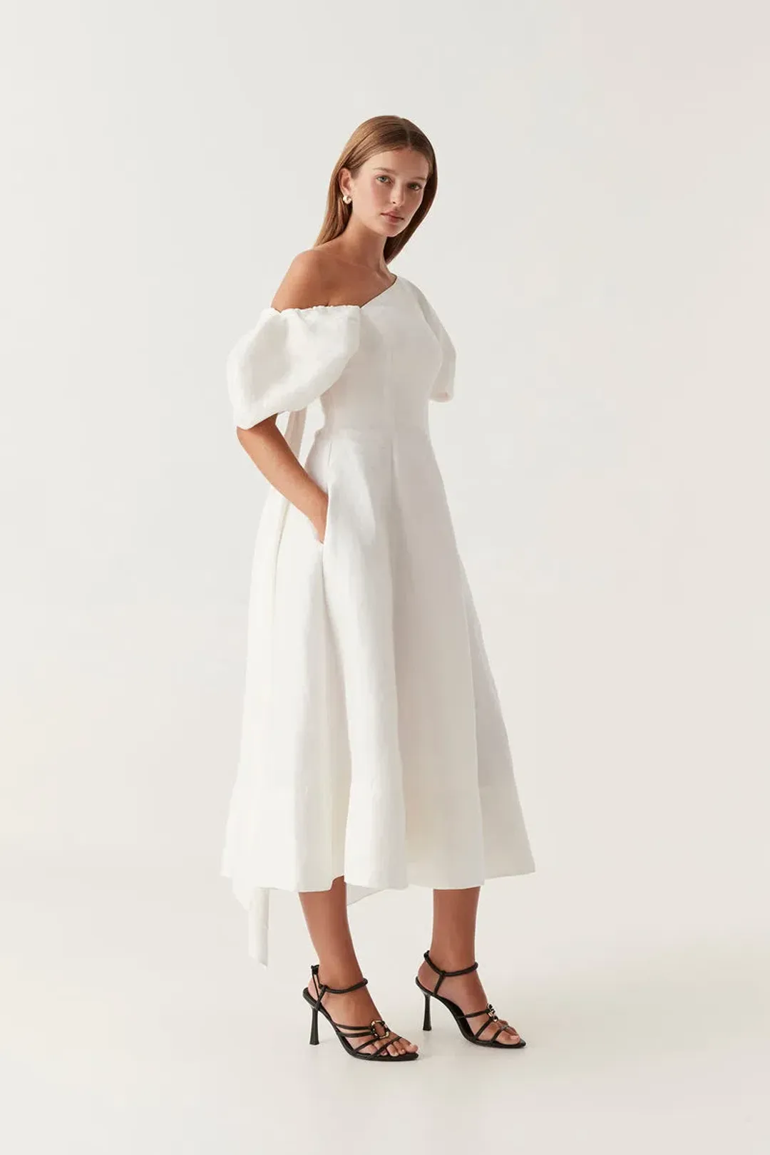 Aje Arista Asymmetrical Tulip Sleeve Midi Dress Ivory Size 8 for rent on The Volte - main image