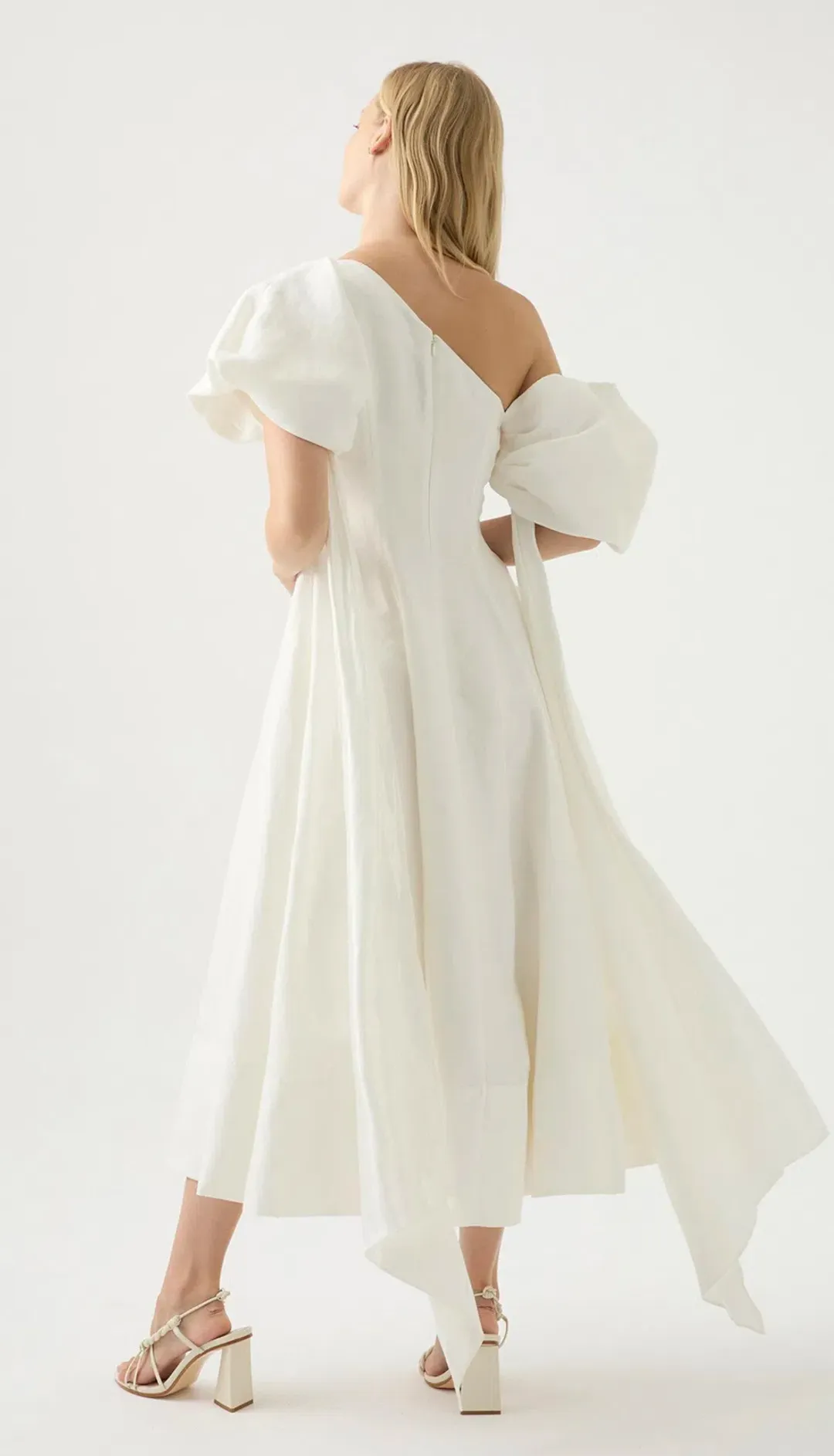 Aje Arista Asymmetrical Tulip Sleeve Midi Dress Ivory Size 8 for rent on The Volte - main image