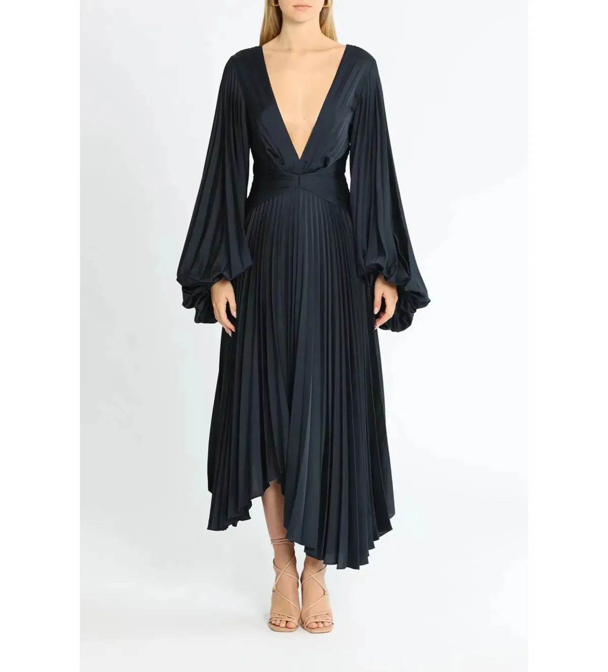 Acler Palms Pleat Midi Dress Navy Size 8/S - Image 1