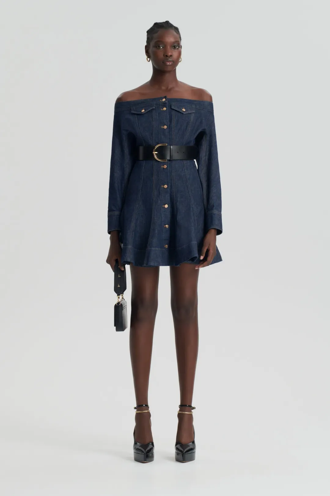 Scanlan Theodore Denim Skater Off Shoulder Mini Dress Indigo Size 8 for rent on The Volte - main image