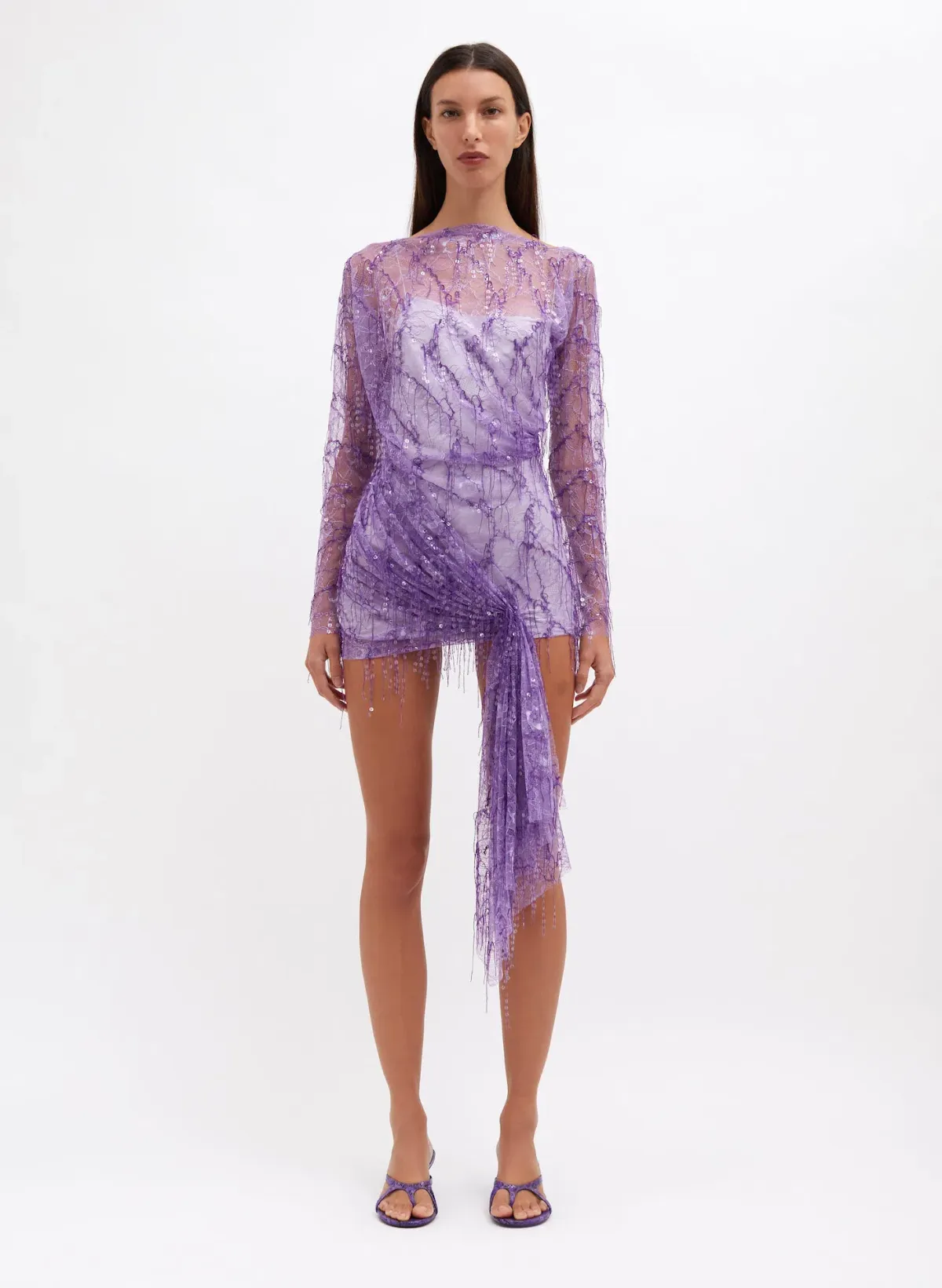 Christopher Esber Encased Beaded Ivy Lace Long Sleeve Mini Dress Grape Size 8 - Image 1