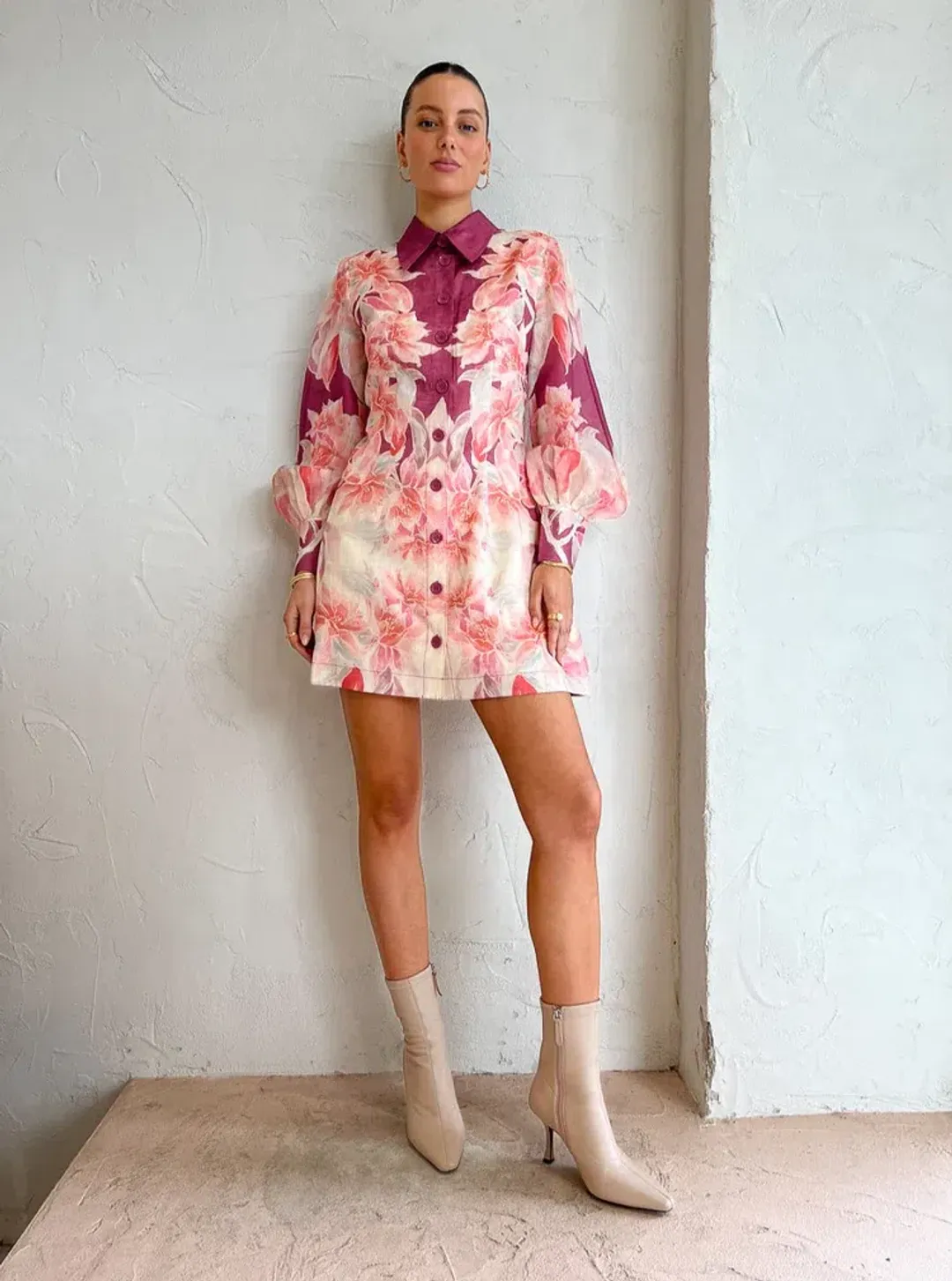 Leo Lin Luminous Silk Linen Mini Dress in Orient Print in Hibiscus Pink Size 10 for rent on The Volte - main image