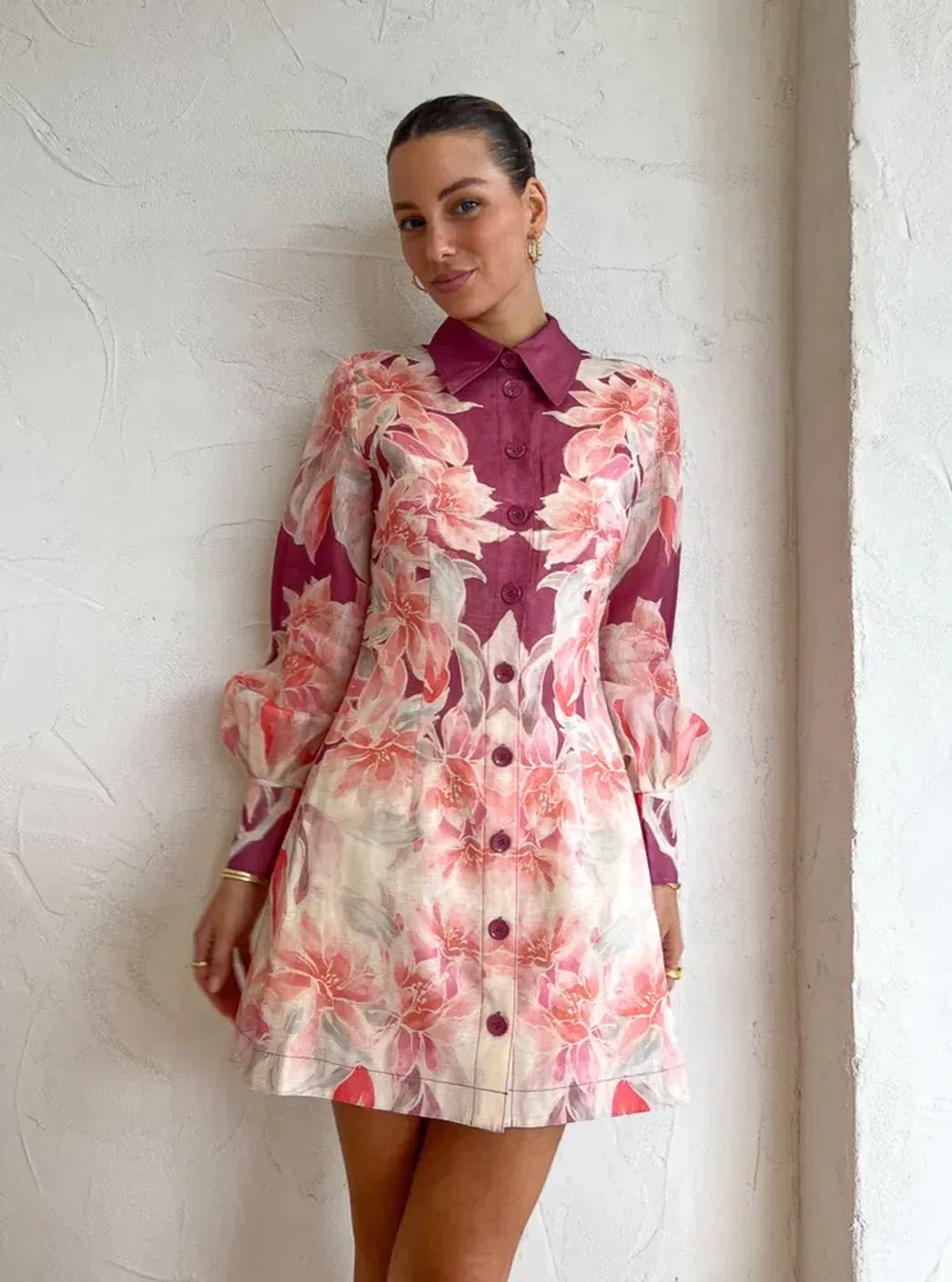 Leo Lin Luminous Silk Linen Mini Dress in Orient Print in Hibiscus Pink Size 10 for rent on The Volte - main image